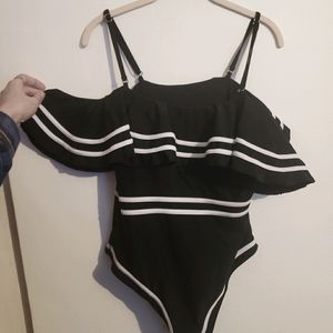 New Black & White Off Shoulder 1 Piece Swimsuit